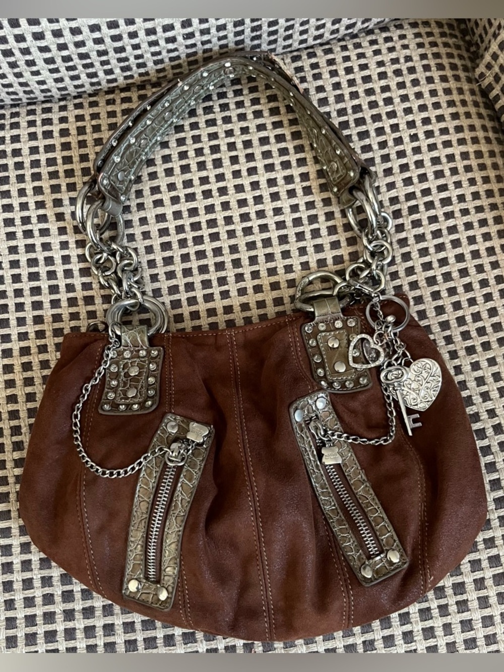 Vintage Y2K Kathy Van Zeeland Brown Purse Handbag Suede Studded Silver Charms